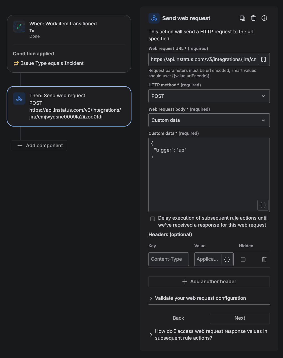 Jira Send web request action for resolve incident rule